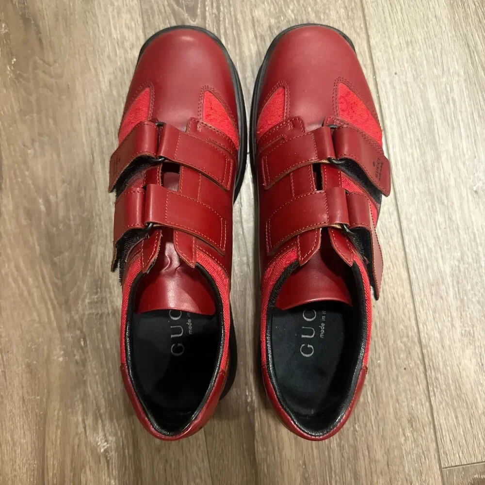 Vintage Gucci Red GG Monogram Canvas Velcro Strap Sneakers 9.5B 101 6129